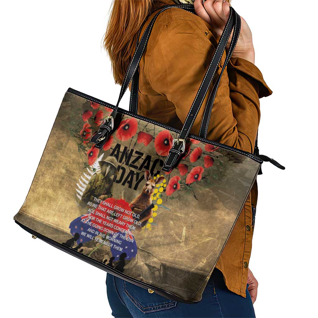 Australia and New Zealand ANZAC Day Leather Tote Bag Kangaroo and Kiwi Bird Soldier-Honor and Remember Vintage Style