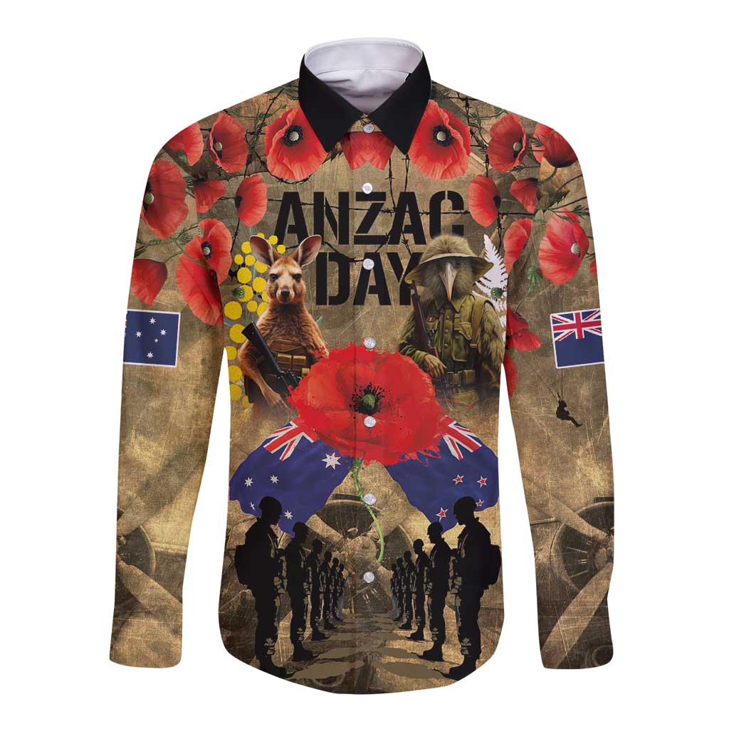 Australia and New Zealand ANZAC Day Long Sleeve Button Shirt Kangaroo and Kiwi Bird Soldier-Honor and Remember Vintage Style