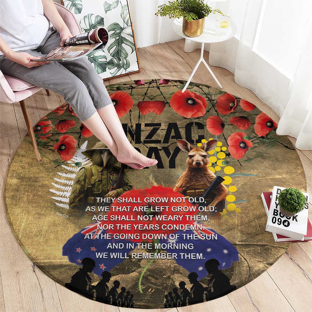Australia and New Zealand ANZAC Day Round Carpet Kangaroo and Kiwi Bird Soldier-Honor and Remember Vintage Style