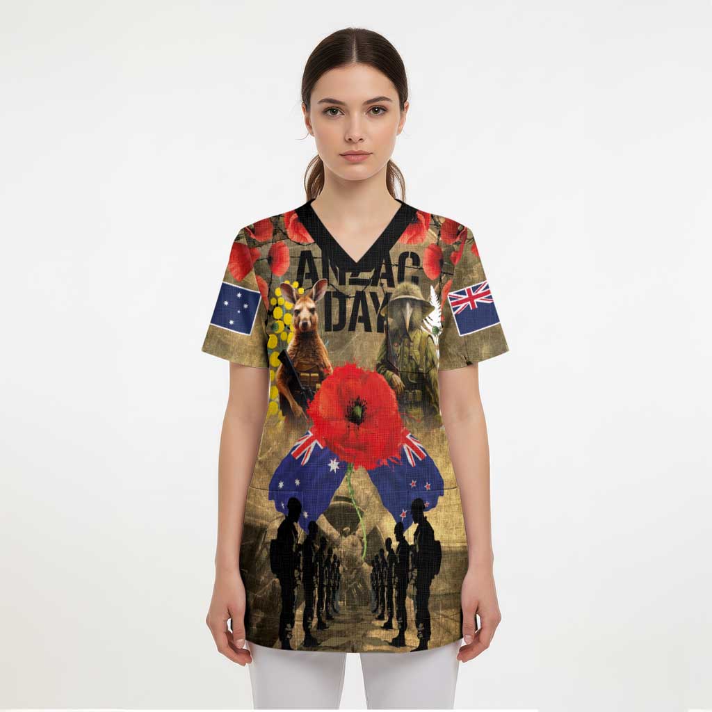 Australia and New Zealand ANZAC Day Scrub Top Kangaroo and Kiwi Bird Soldier-Honor and Remember Vintage Style - Polynesian Pride