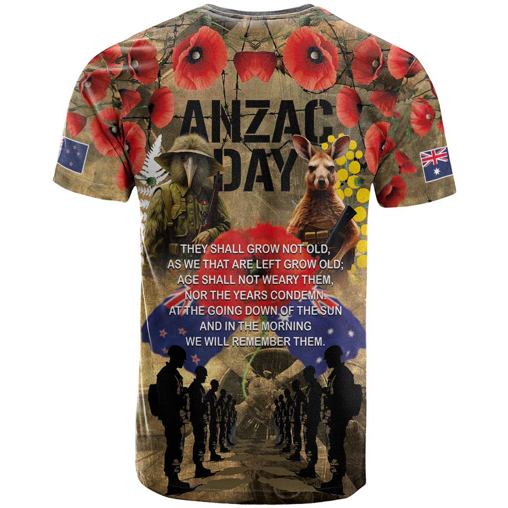 Australia and New Zealand ANZAC Day T Shirt Kangaroo and Kiwi Bird Soldier-Honor and Remember Vintage Style