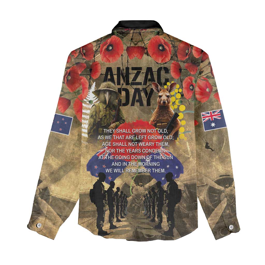 Australia and New Zealand ANZAC Day Women Casual Shirt Kangaroo and Kiwi Bird Soldier-Honor and Remember Vintage Style