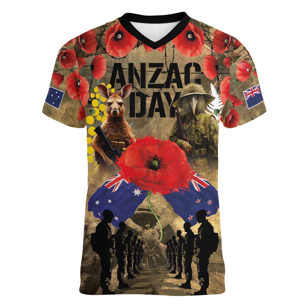 Australia and New Zealand ANZAC Day Women V-Neck T-Shirt Kangaroo and Kiwi Bird Soldier-Honor and Remember Vintage Style