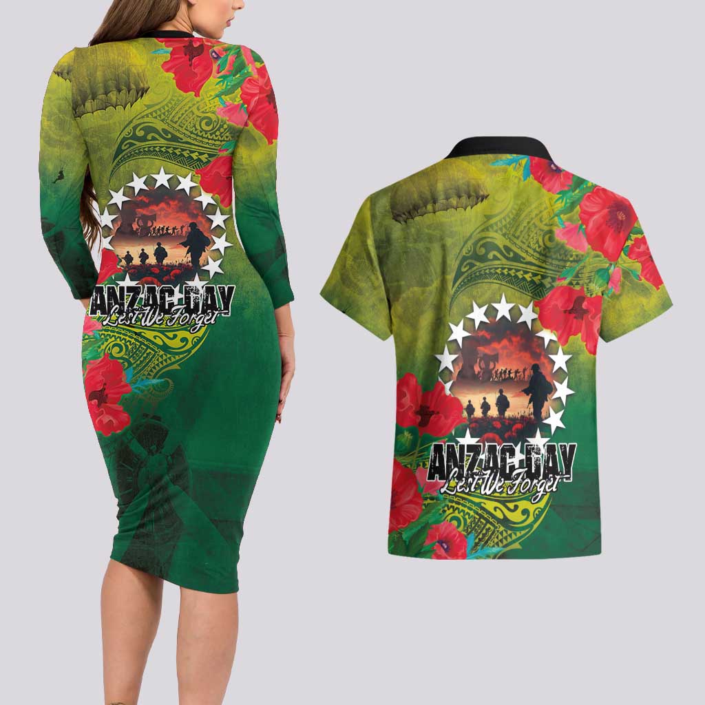 Cook Islands ANDAC Day Couples Matching Long Sleeve Bodycon Dress and Hawaiian Shirt Honor and Remember Soliders-Forever in My Thoughts Grunge Style