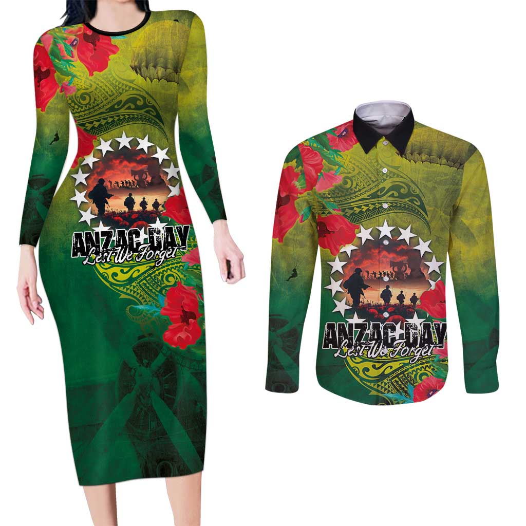 Cook Islands ANDAC Day Couples Matching Long Sleeve Bodycon Dress and Long Sleeve Button Shirt Honor and Remember Soliders-Forever in My Thoughts Grunge Style