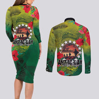 Cook Islands ANDAC Day Couples Matching Long Sleeve Bodycon Dress and Long Sleeve Button Shirt Honor and Remember Soliders-Forever in My Thoughts Grunge Style