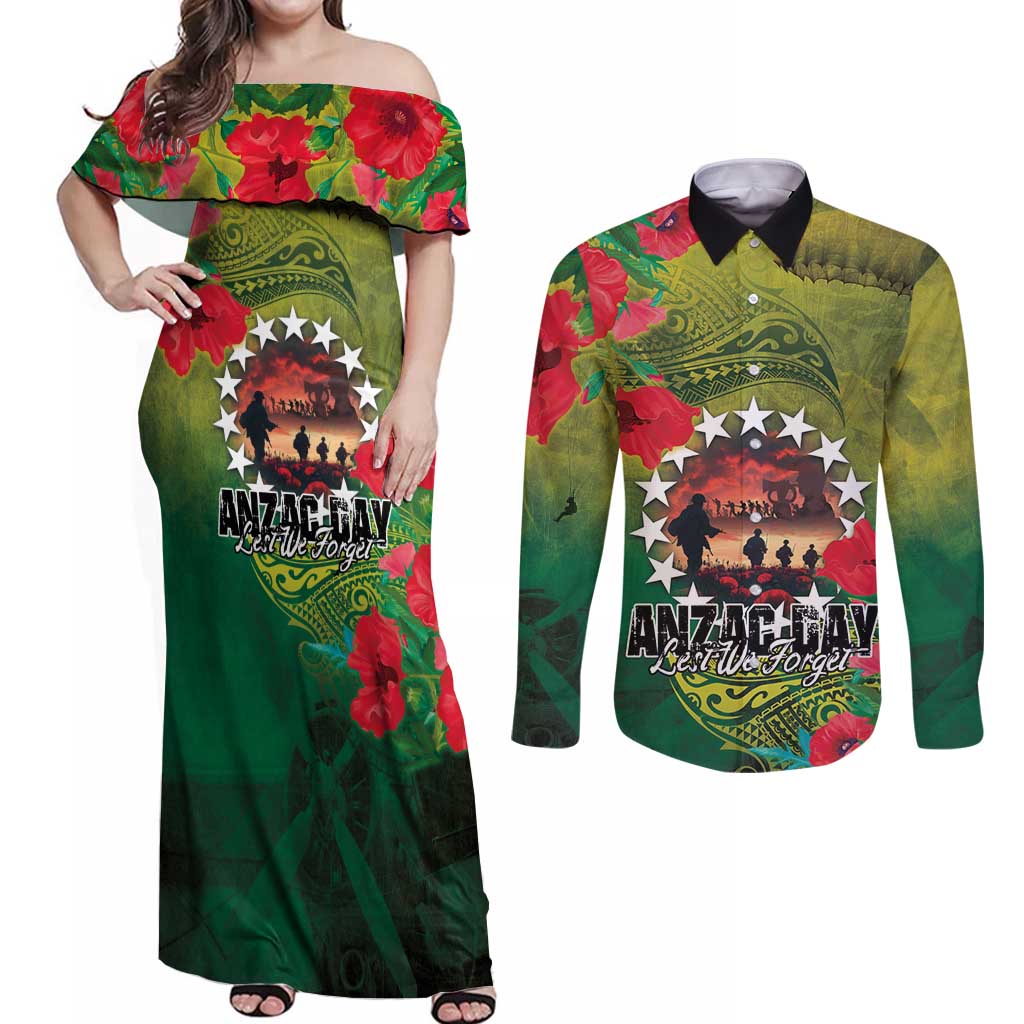 Cook Islands ANDAC Day Couples Matching Off Shoulder Maxi Dress and Long Sleeve Button Shirt Honor and Remember Soliders-Forever in My Thoughts Grunge Style
