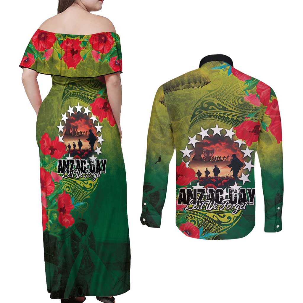 Cook Islands ANDAC Day Couples Matching Off Shoulder Maxi Dress and Long Sleeve Button Shirt Honor and Remember Soliders-Forever in My Thoughts Grunge Style