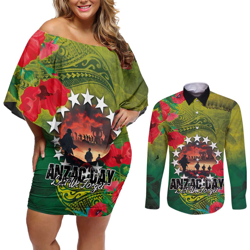 Cook Islands ANDAC Day Couples Matching Off Shoulder Short Dress and Long Sleeve Button Shirt Honor and Remember Soliders-Forever in My Thoughts Grunge Style