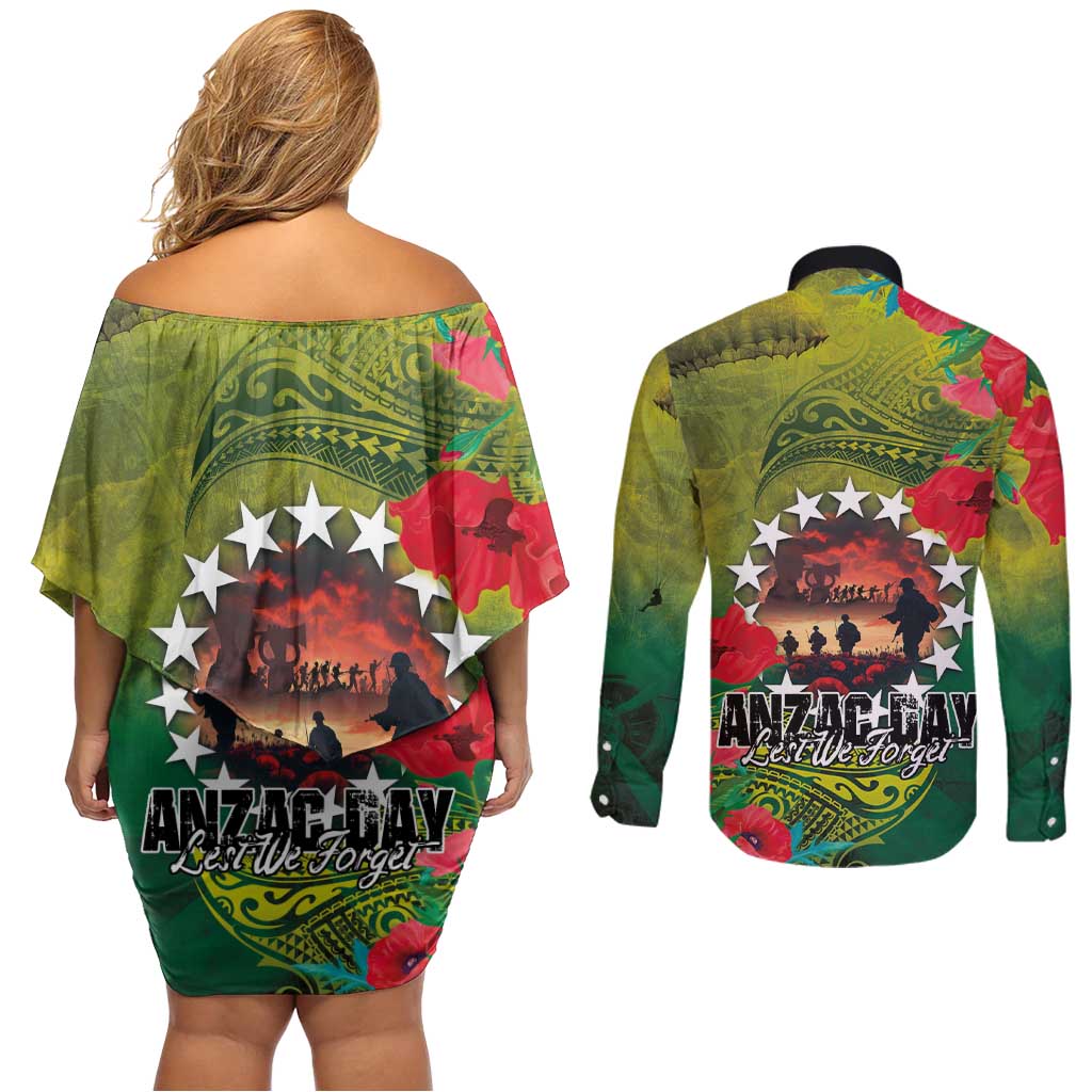 Cook Islands ANDAC Day Couples Matching Off Shoulder Short Dress and Long Sleeve Button Shirt Honor and Remember Soliders-Forever in My Thoughts Grunge Style