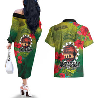 Cook Islands ANDAC Day Couples Matching Off The Shoulder Long Sleeve Dress and Hawaiian Shirt Honor and Remember Soliders-Forever in My Thoughts Grunge Style