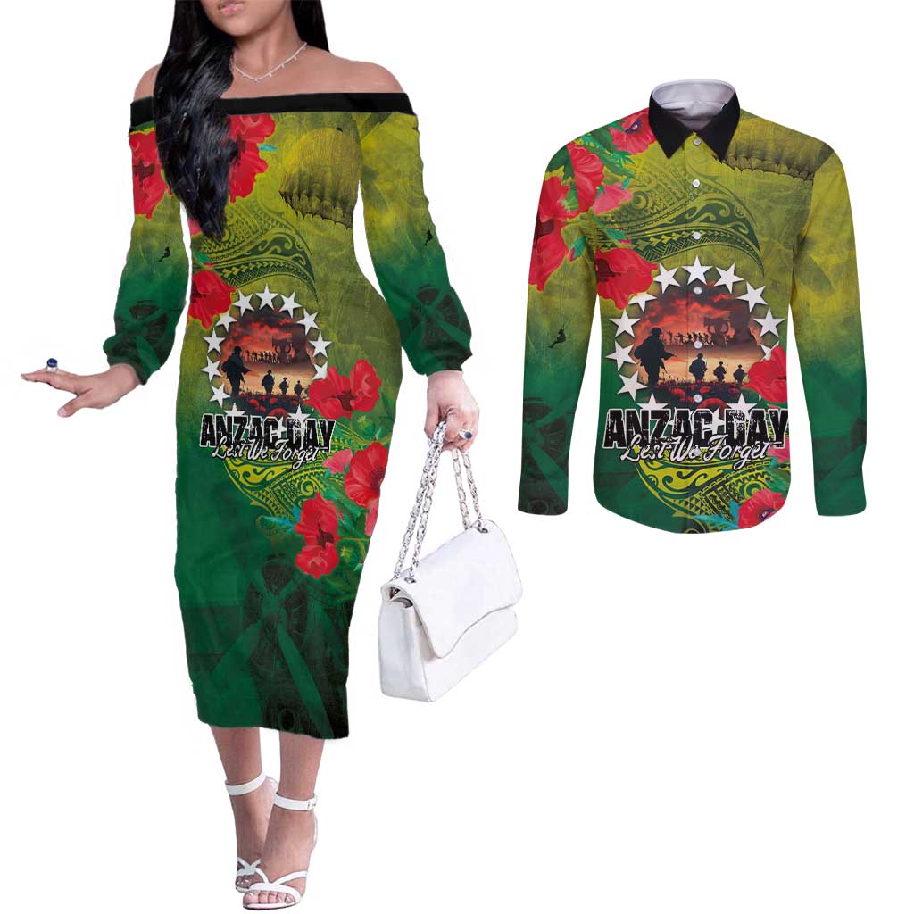Cook Islands ANDAC Day Couples Matching Off The Shoulder Long Sleeve Dress and Long Sleeve Button Shirt Honor and Remember Soliders-Forever in My Thoughts Grunge Style