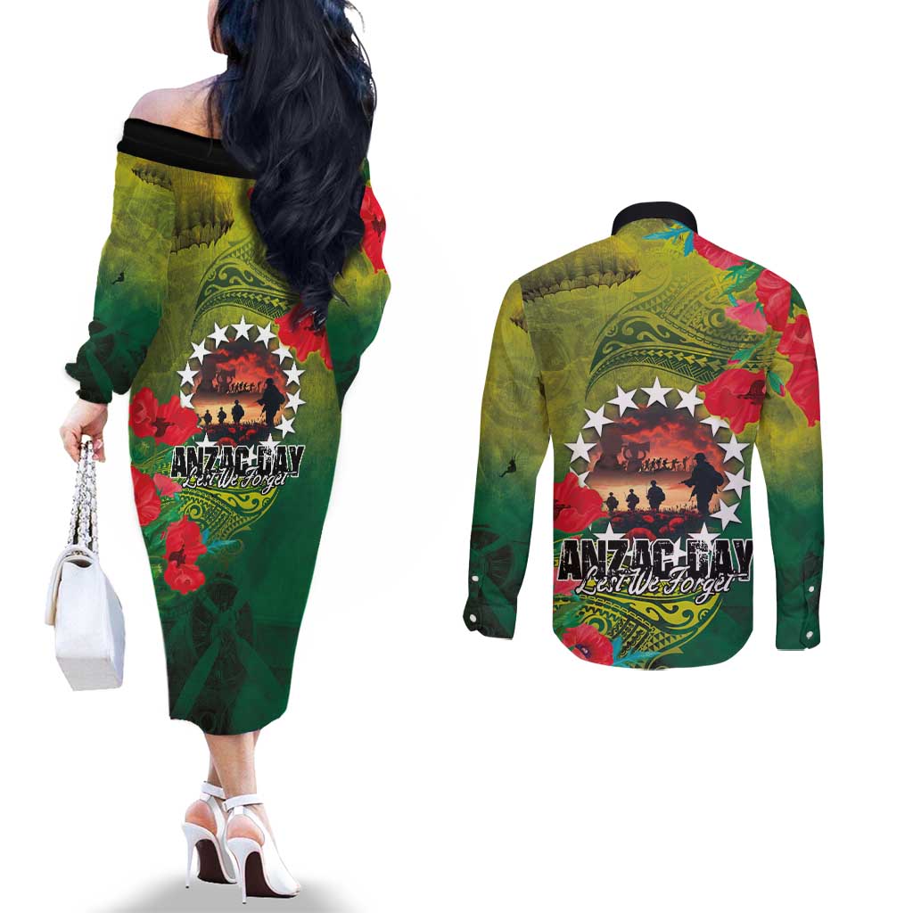 Cook Islands ANDAC Day Couples Matching Off The Shoulder Long Sleeve Dress and Long Sleeve Button Shirt Honor and Remember Soliders-Forever in My Thoughts Grunge Style