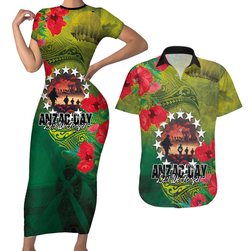 Cook Islands ANDAC Day Couples Matching Short Sleeve Bodycon Dress and Hawaiian Shirt Honor and Remember Soliders-Forever in My Thoughts Grunge Style