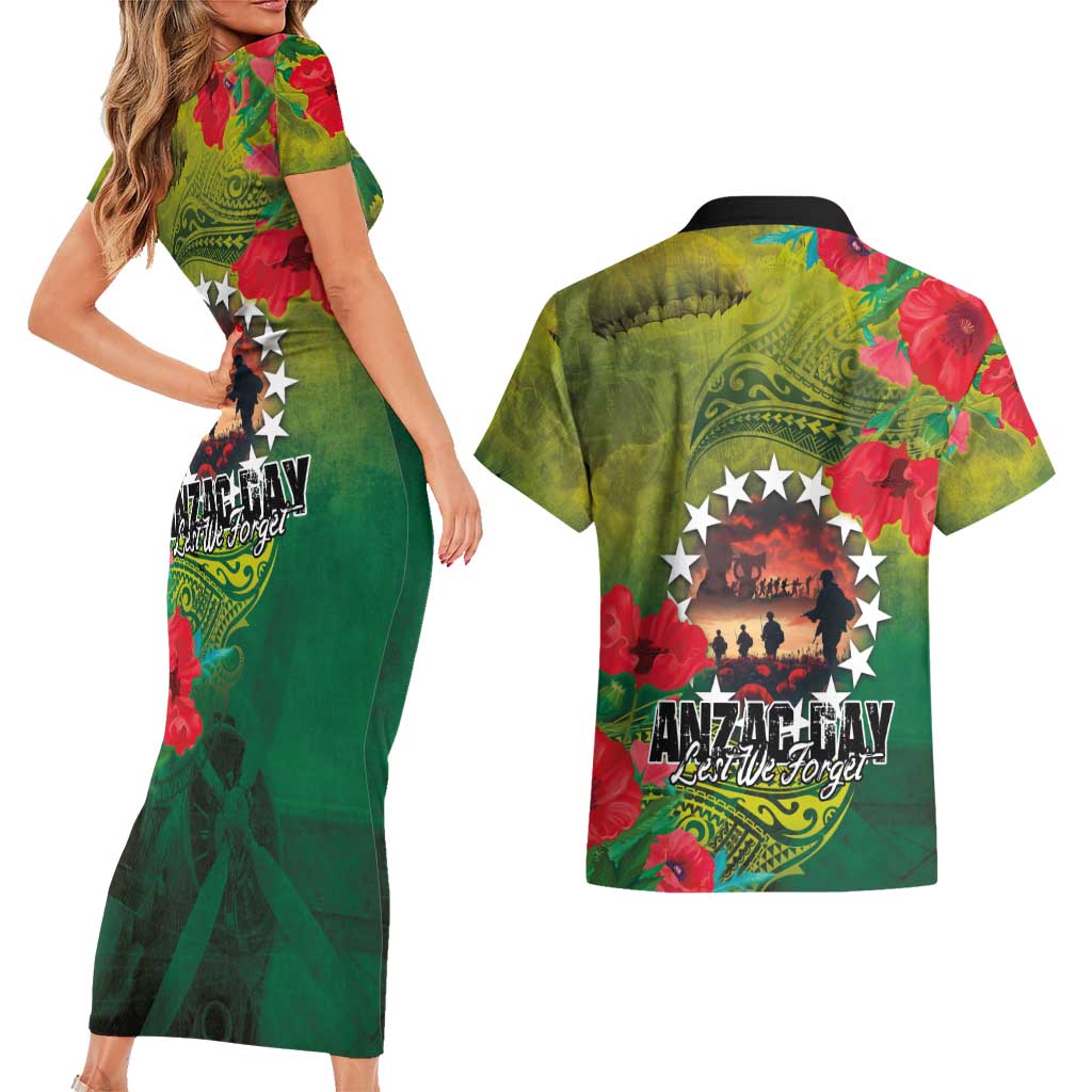 Cook Islands ANDAC Day Couples Matching Short Sleeve Bodycon Dress and Hawaiian Shirt Honor and Remember Soliders-Forever in My Thoughts Grunge Style
