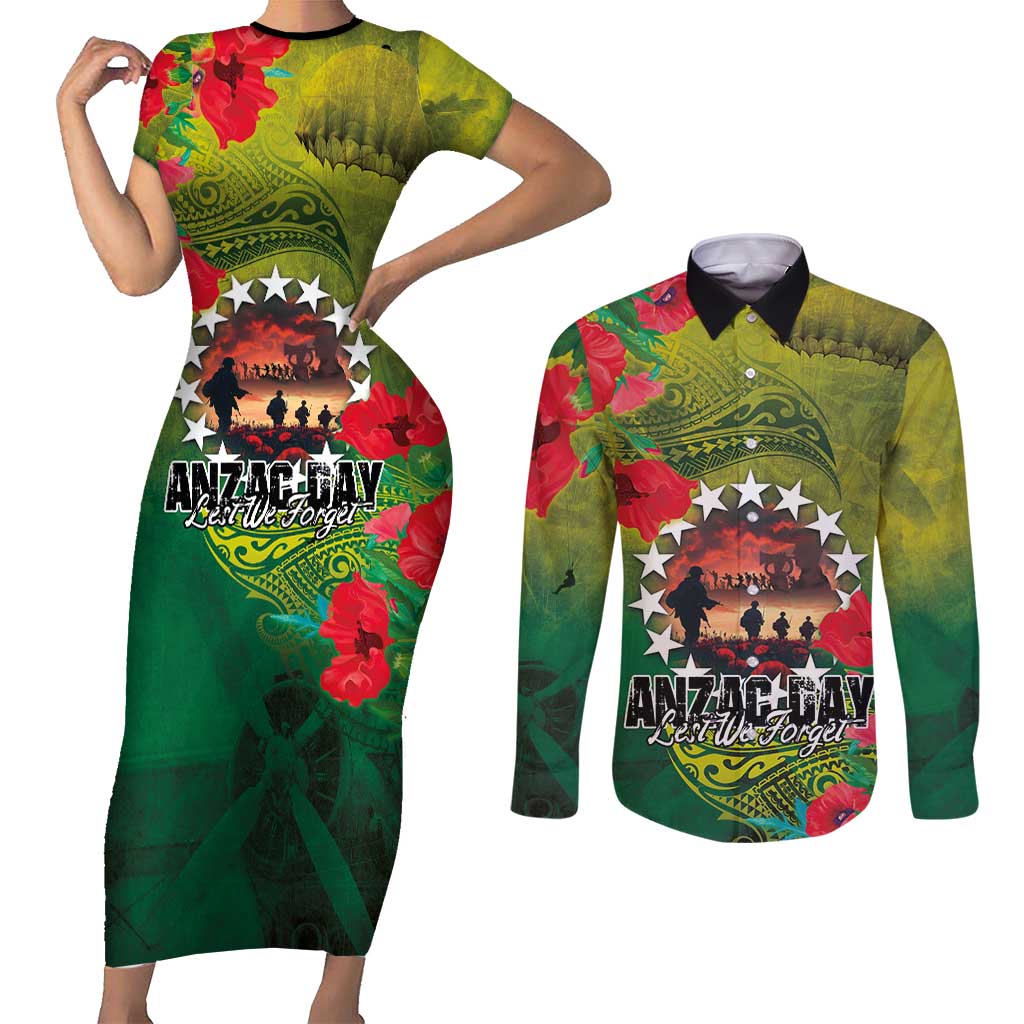 Cook Islands ANDAC Day Couples Matching Short Sleeve Bodycon Dress and Long Sleeve Button Shirt Honor and Remember Soliders-Forever in My Thoughts Grunge Style