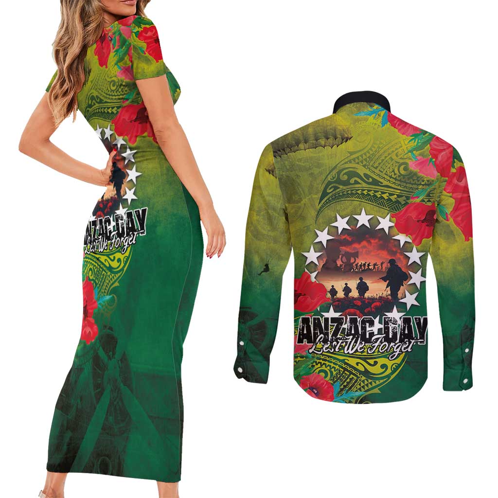 Cook Islands ANDAC Day Couples Matching Short Sleeve Bodycon Dress and Long Sleeve Button Shirt Honor and Remember Soliders-Forever in My Thoughts Grunge Style