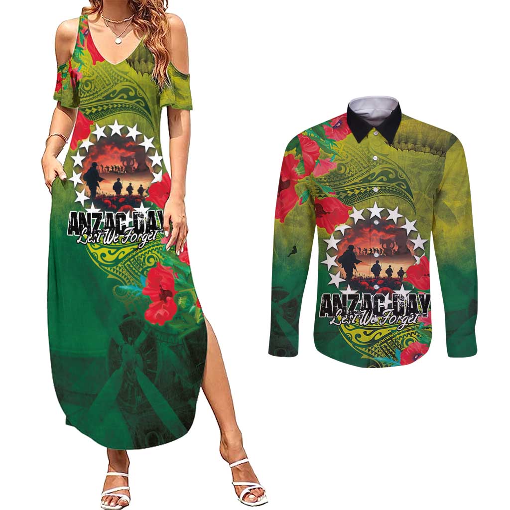 Cook Islands ANDAC Day Couples Matching Summer Maxi Dress and Long Sleeve Button Shirt Honor and Remember Soliders-Forever in My Thoughts Grunge Style