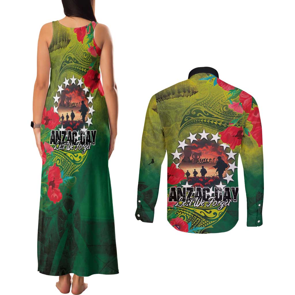 Cook Islands ANDAC Day Couples Matching Tank Maxi Dress and Long Sleeve Button Shirt Honor and Remember Soliders-Forever in My Thoughts Grunge Style