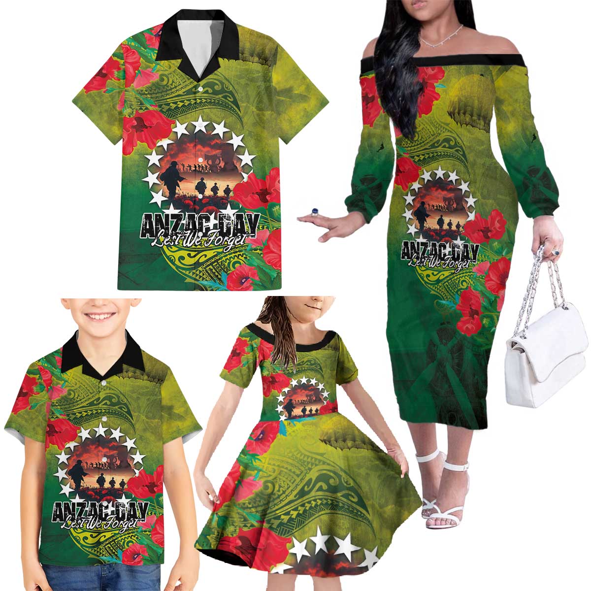 Cook Islands ANDAC Day Family Matching Off The Shoulder Long Sleeve Dress and Hawaiian Shirt Honor and Remember Soliders-Forever in My Thoughts Grunge Style