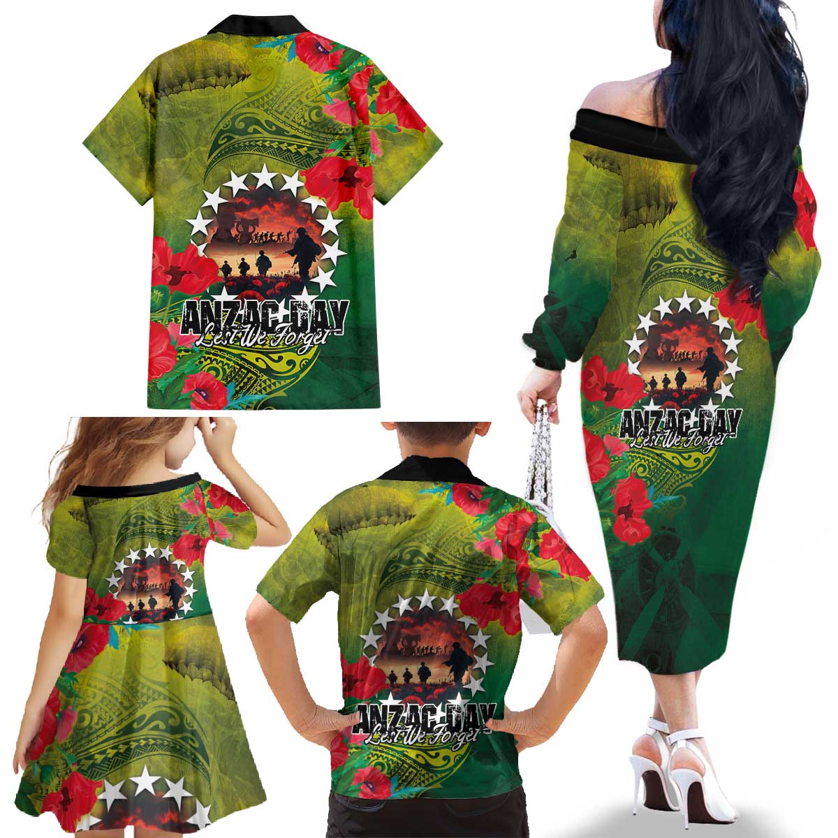 Cook Islands ANDAC Day Family Matching Off The Shoulder Long Sleeve Dress and Hawaiian Shirt Honor and Remember Soliders-Forever in My Thoughts Grunge Style