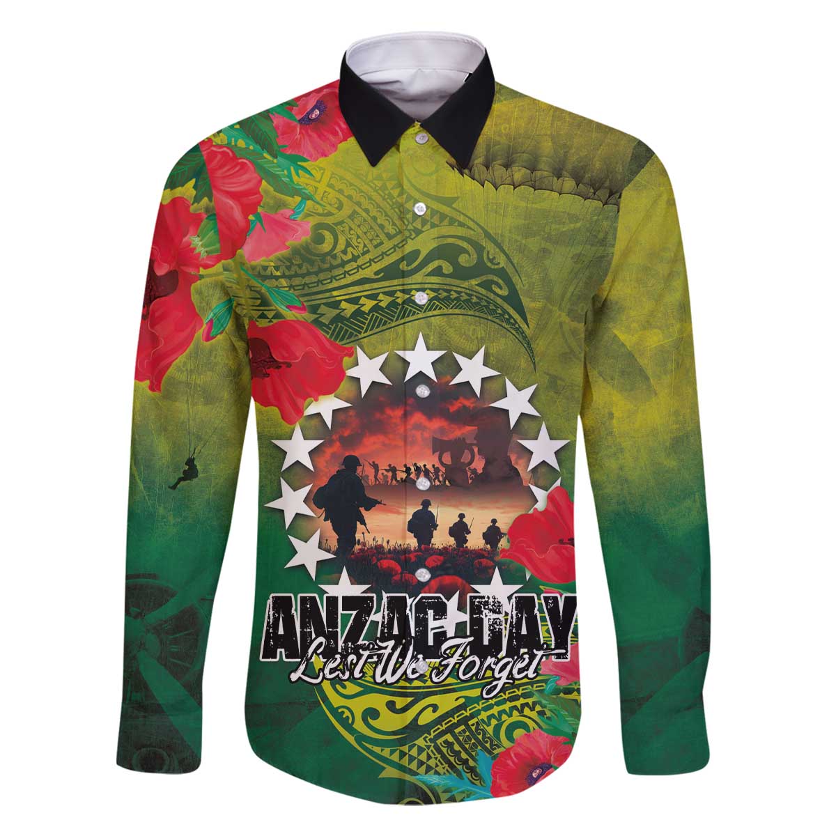 Cook Islands ANDAC Day Family Matching Off The Shoulder Long Sleeve Dress and Hawaiian Shirt Honor and Remember Soliders-Forever in My Thoughts Grunge Style