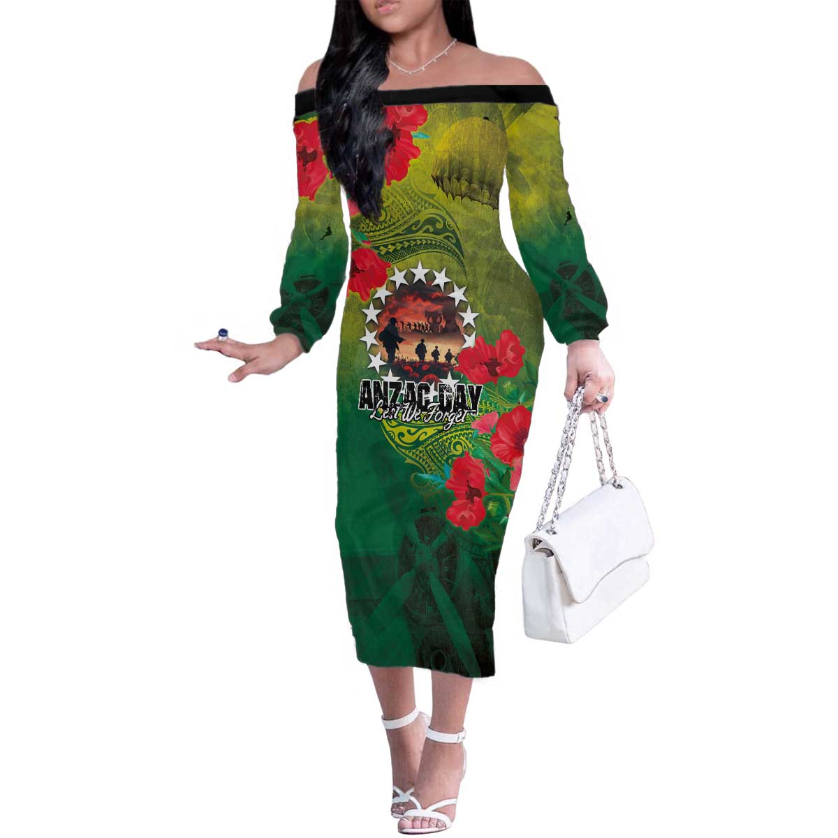 Cook Islands ANDAC Day Family Matching Off The Shoulder Long Sleeve Dress and Hawaiian Shirt Honor and Remember Soliders-Forever in My Thoughts Grunge Style