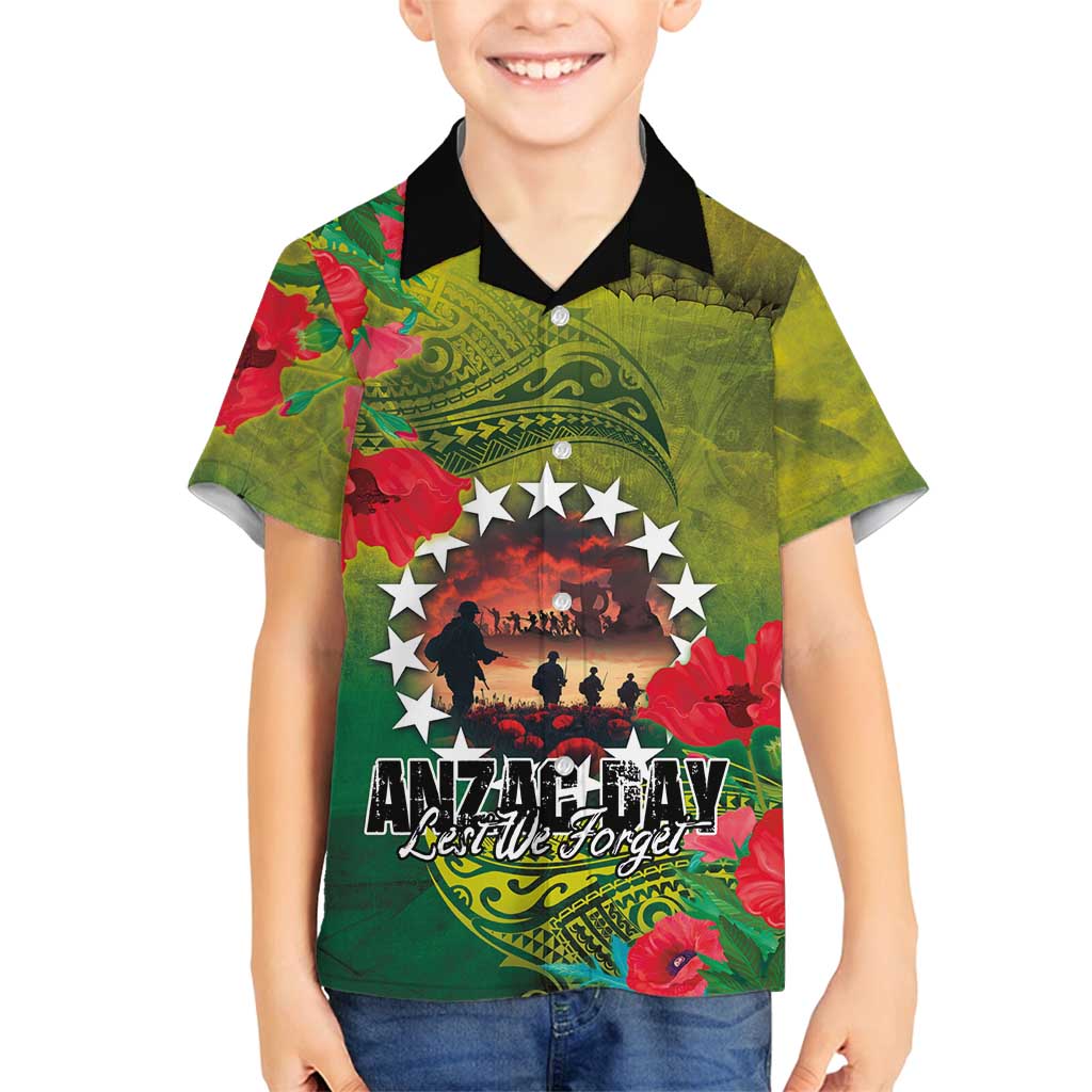 Cook Islands ANDAC Day Family Matching Off Shoulder Maxi Dress and Hawaiian Shirt Honor and Remember Soliders-Forever in My Thoughts Grunge Style LT03 Son's Shirt Green-Yellow - Polynesian Pride