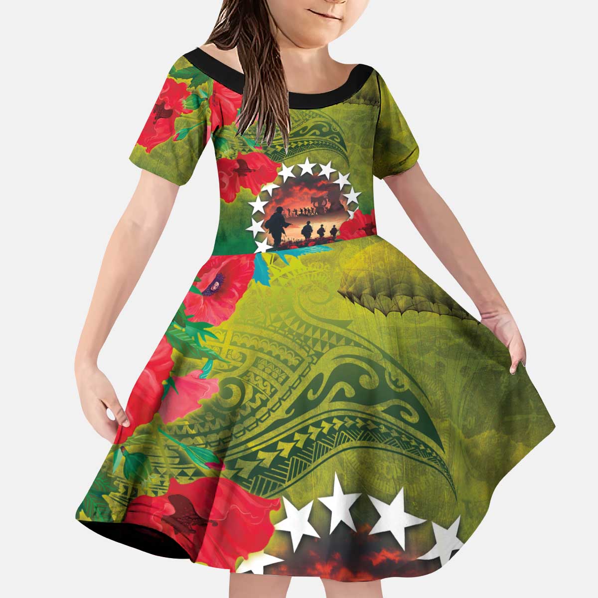 Cook Islands ANDAC Day Kid Short Sleeve Dress Honor and Remember Soliders-Forever in My Thoughts Grunge Style