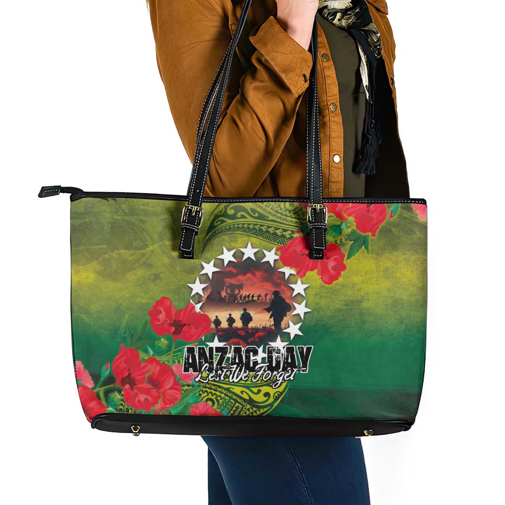 Cook Islands ANDAC Day Leather Tote Bag Honor and Remember Soliders-Forever in My Thoughts Grunge Style