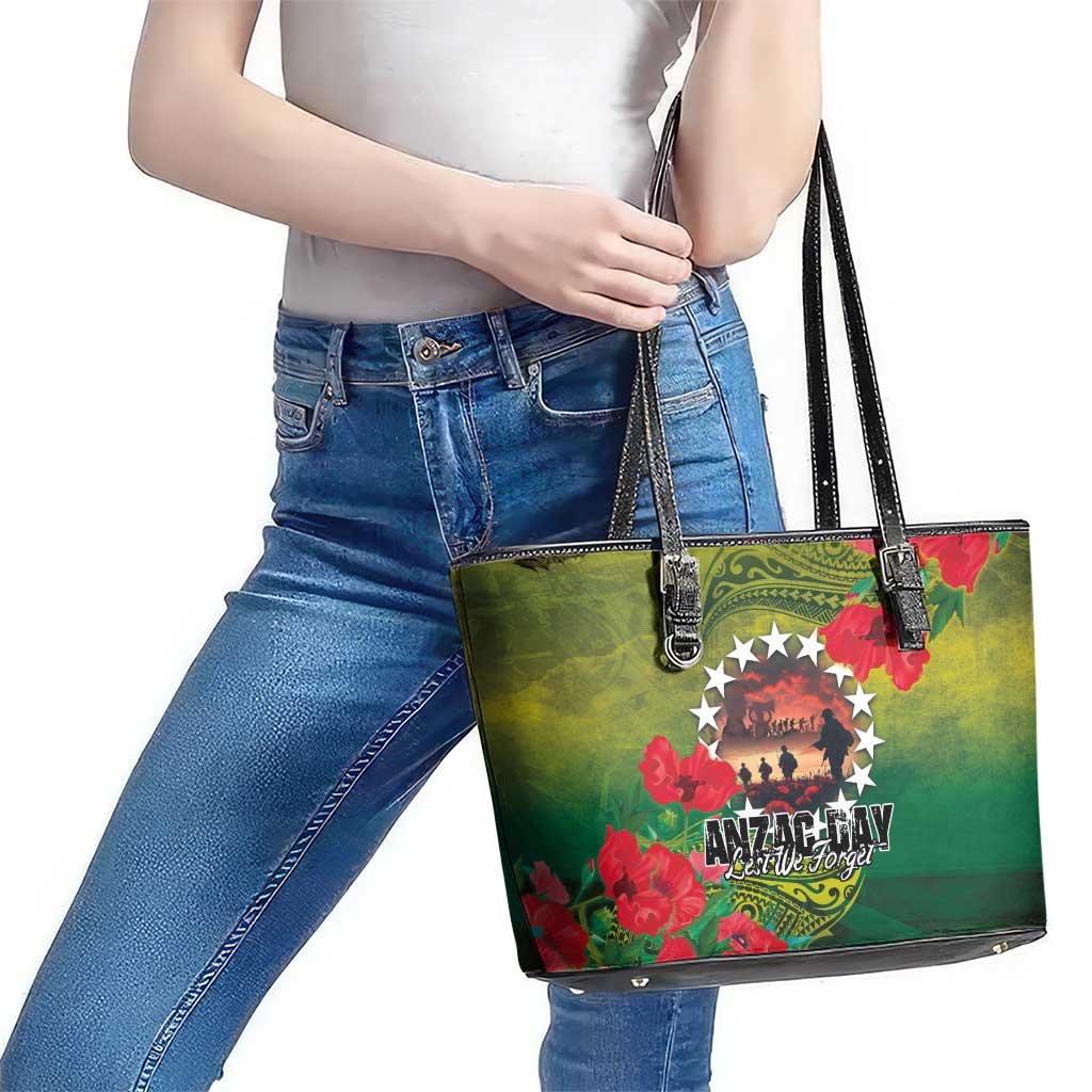 Cook Islands ANDAC Day Leather Tote Bag Honor and Remember Soliders-Forever in My Thoughts Grunge Style