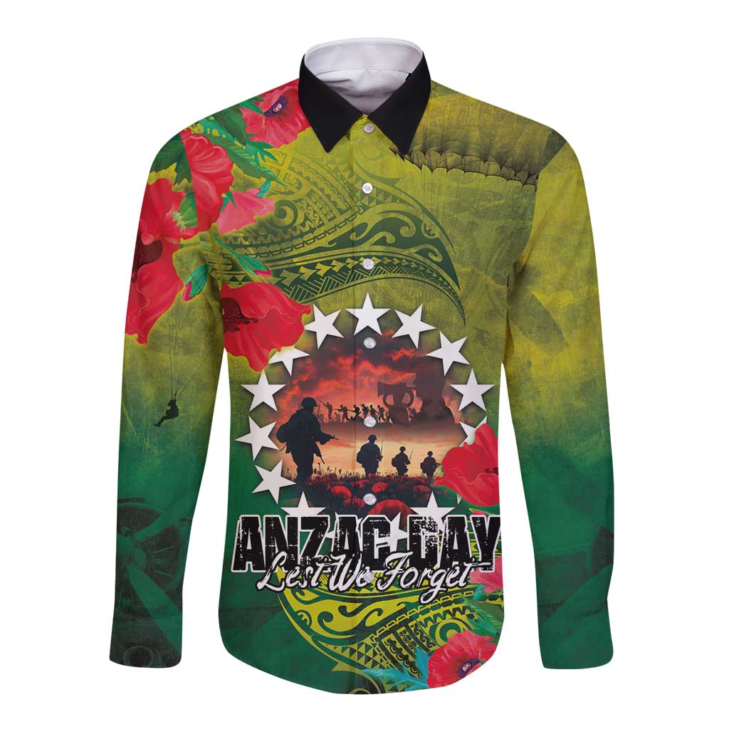 Cook Islands ANDAC Day Long Sleeve Button Shirt Honor and Remember Soliders-Forever in My Thoughts Grunge Style
