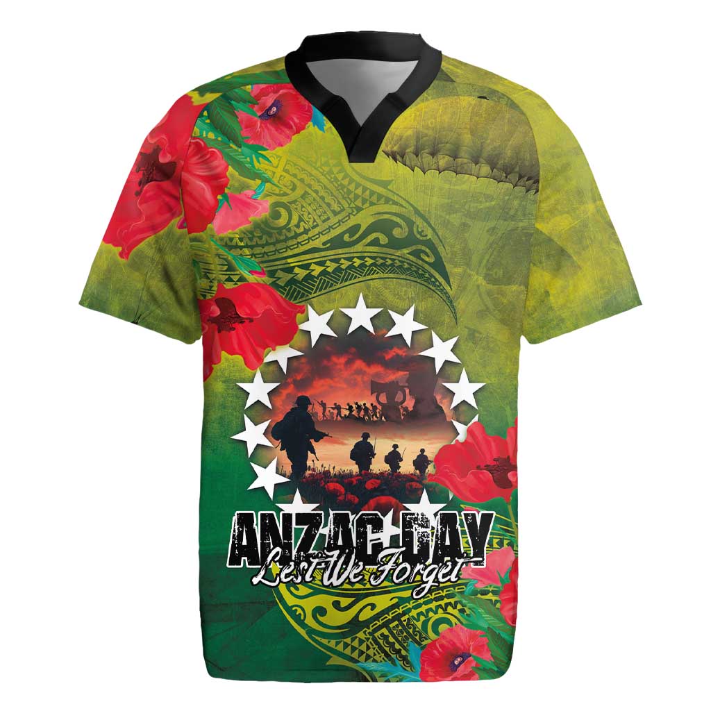 Cook Islands ANDAC Day Rugby Jersey Honor and Remember Soliders-Forever in My Thoughts Grunge Style LT03 Green-Yellow - Polynesian Pride