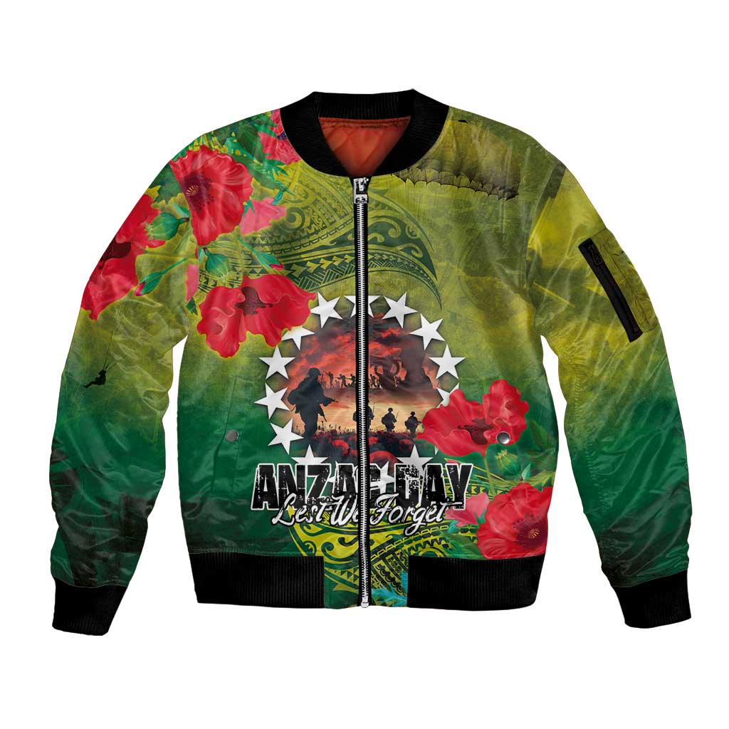 Cook Islands ANDAC Day Sleeve Zip Bomber Jacket Honor and Remember Soliders-Forever in My Thoughts Grunge Style