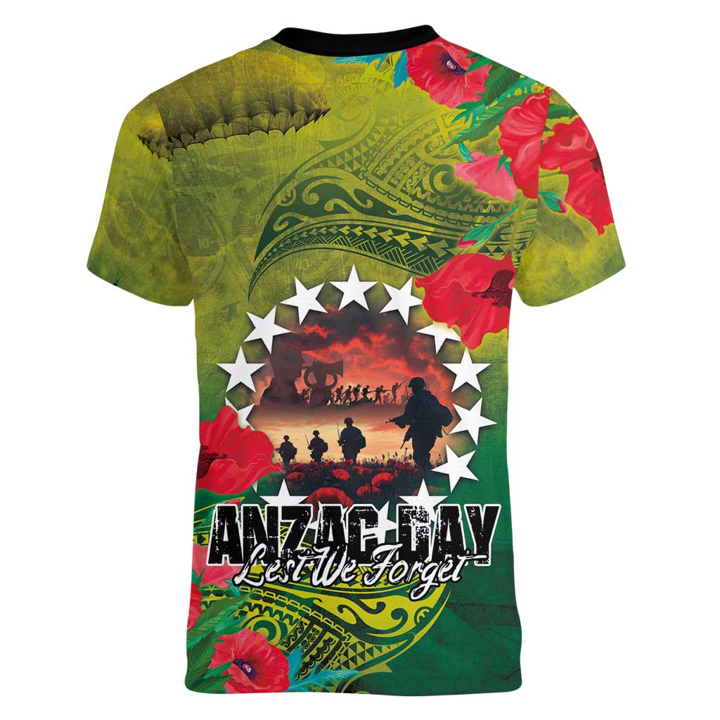 Cook Islands ANDAC Day Women V-Neck T-Shirt Honor and Remember Soliders-Forever in My Thoughts Grunge Style