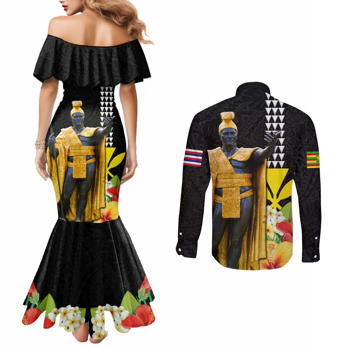 Hawaii King Kamehameha Day Couples Matching Mermaid Dress and Long Sleeve Button Shirt Kanaka Maoli Hibiscus Flower and Kakau Pattern