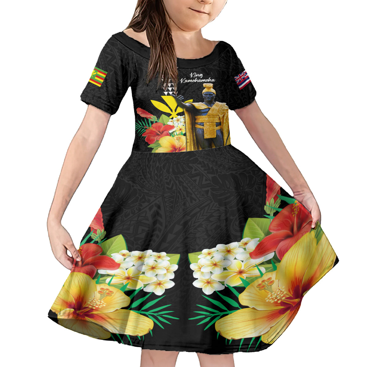 Hawaii King Kamehameha Day Family Matching Long Sleeve Bodycon Dress and Hawaiian Shirt Kanaka Maoli Hibiscus Flower and Kakau Pattern LT03 Daughter's Dress Black - Polynesian Pride