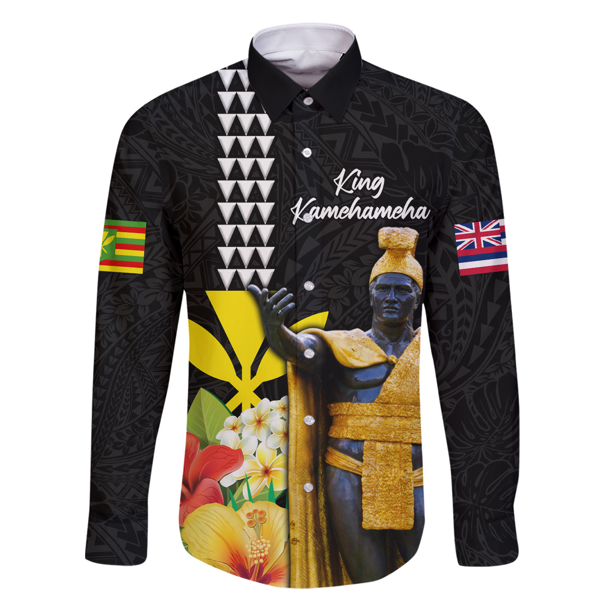 Hawaii King Kamehameha Day Family Matching Long Sleeve Bodycon Dress and Hawaiian Shirt Kanaka Maoli Hibiscus Flower and Kakau Pattern LT03 Dad's Shirt - Long Sleeve Black - Polynesian Pride