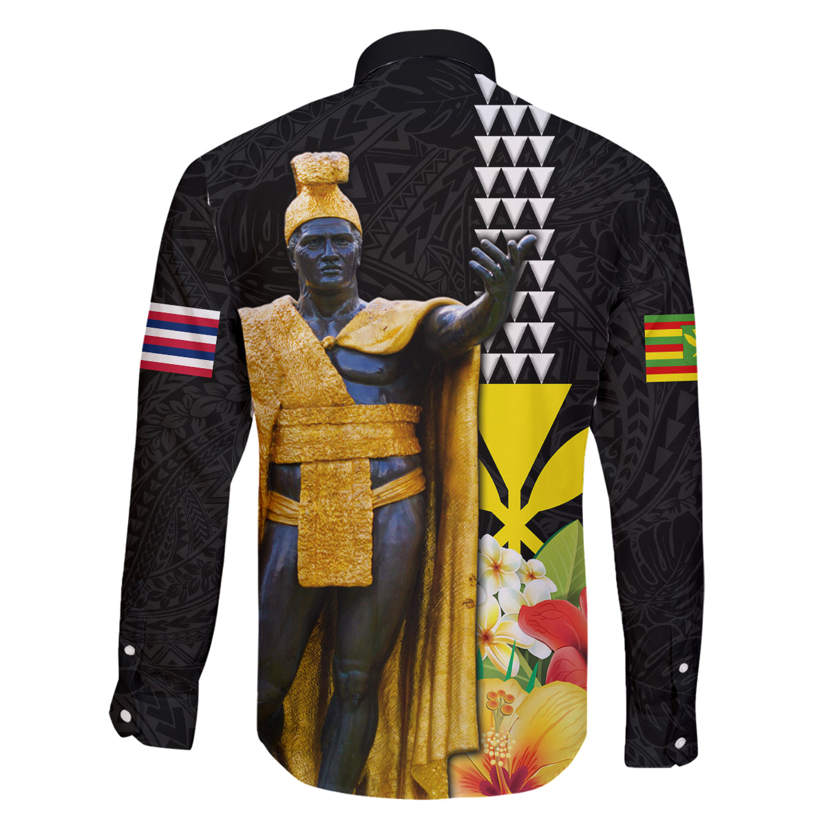 Hawaii King Kamehameha Day Family Matching Off The Shoulder Long Sleeve Dress and Hawaiian Shirt Kanaka Maoli Hibiscus Flower and Kakau Pattern