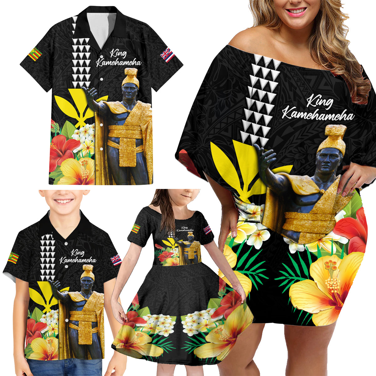 Hawaii King Kamehameha Day Family Matching Off Shoulder Short Dress and Hawaiian Shirt Kanaka Maoli Hibiscus Flower and Kakau Pattern