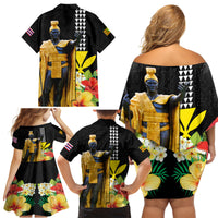 Hawaii King Kamehameha Day Family Matching Off Shoulder Short Dress and Hawaiian Shirt Kanaka Maoli Hibiscus Flower and Kakau Pattern