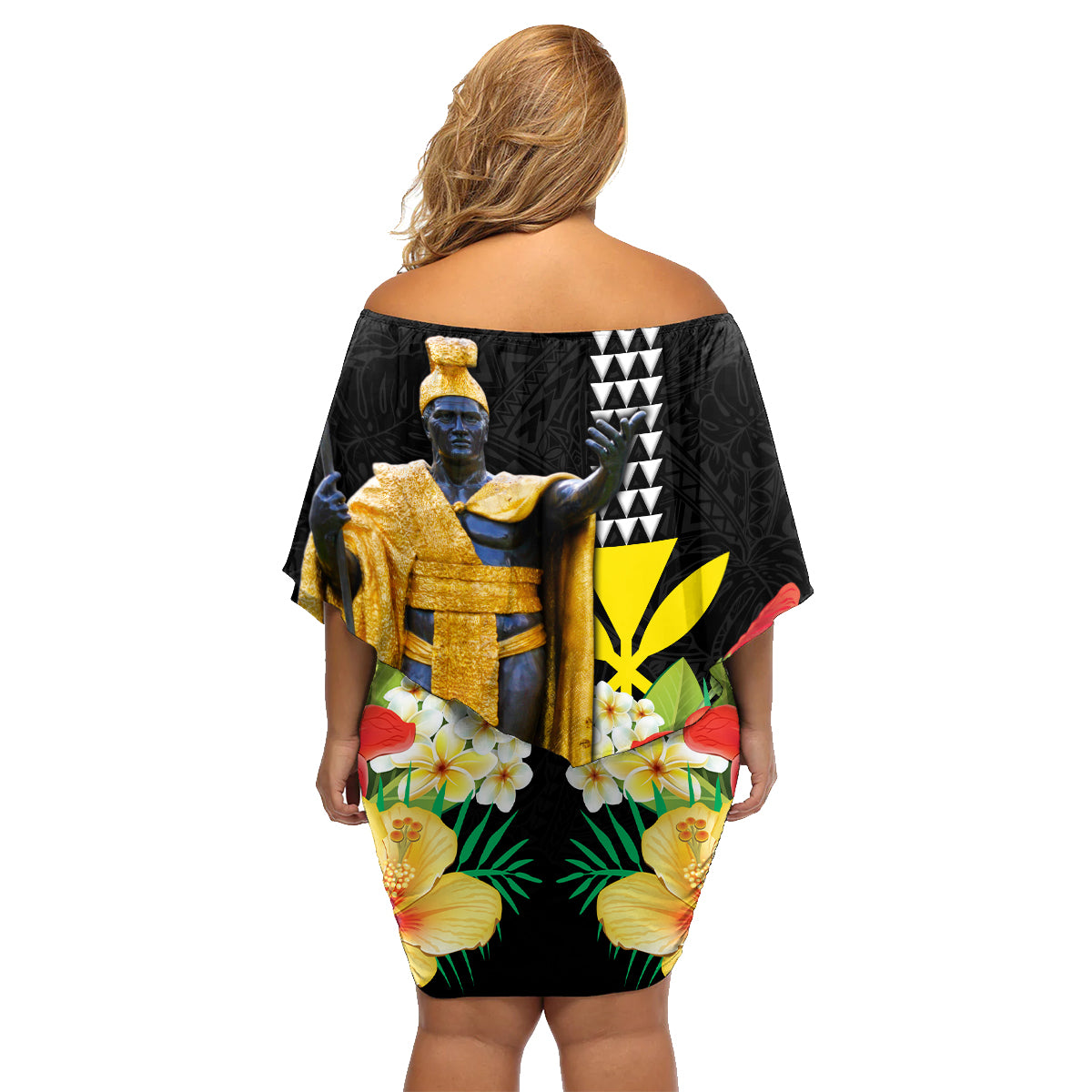 Hawaii King Kamehameha Day Family Matching Off Shoulder Short Dress and Hawaiian Shirt Kanaka Maoli Hibiscus Flower and Kakau Pattern