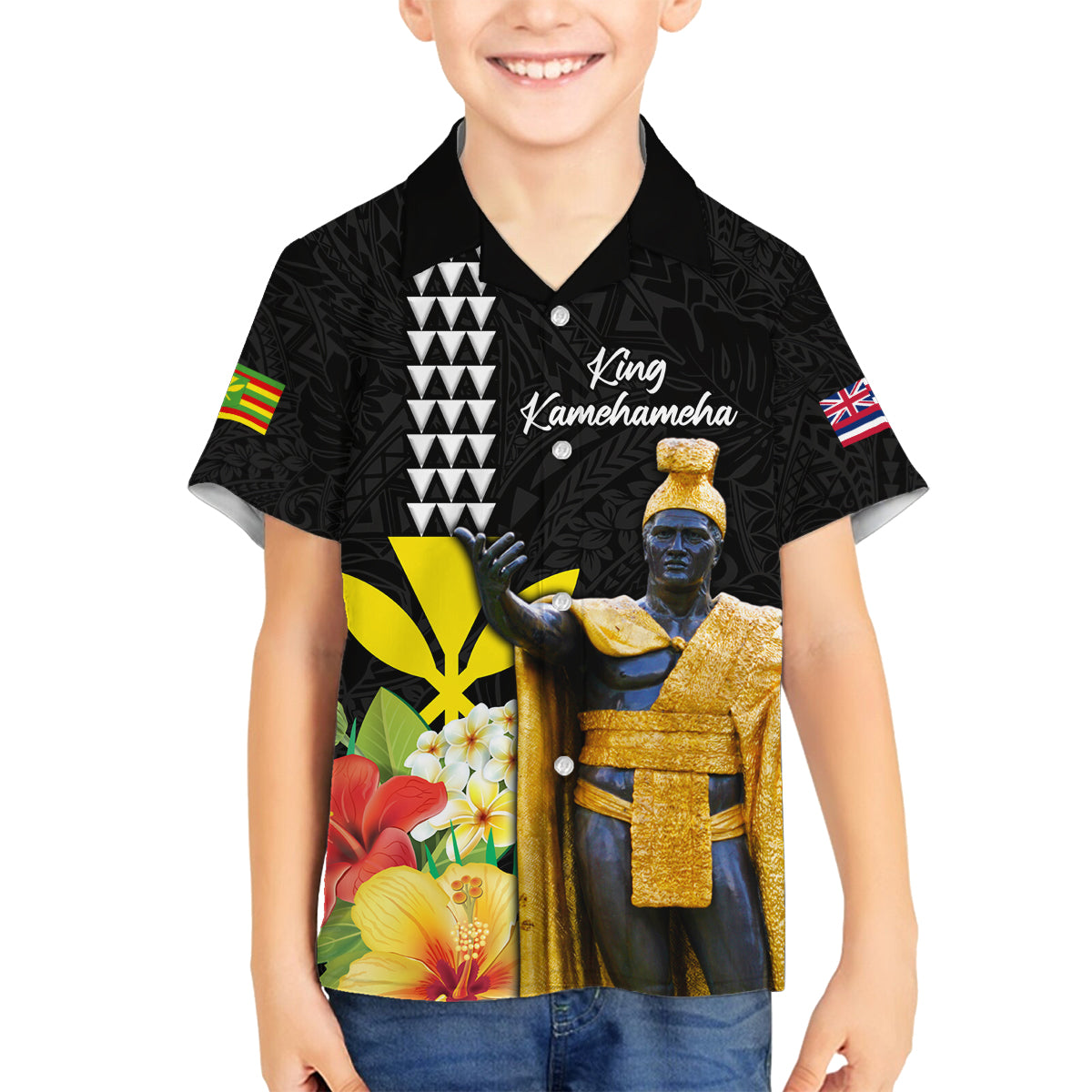 Hawaii King Kamehameha Day Family Matching Off Shoulder Short Dress and Hawaiian Shirt Kanaka Maoli Hibiscus Flower and Kakau Pattern