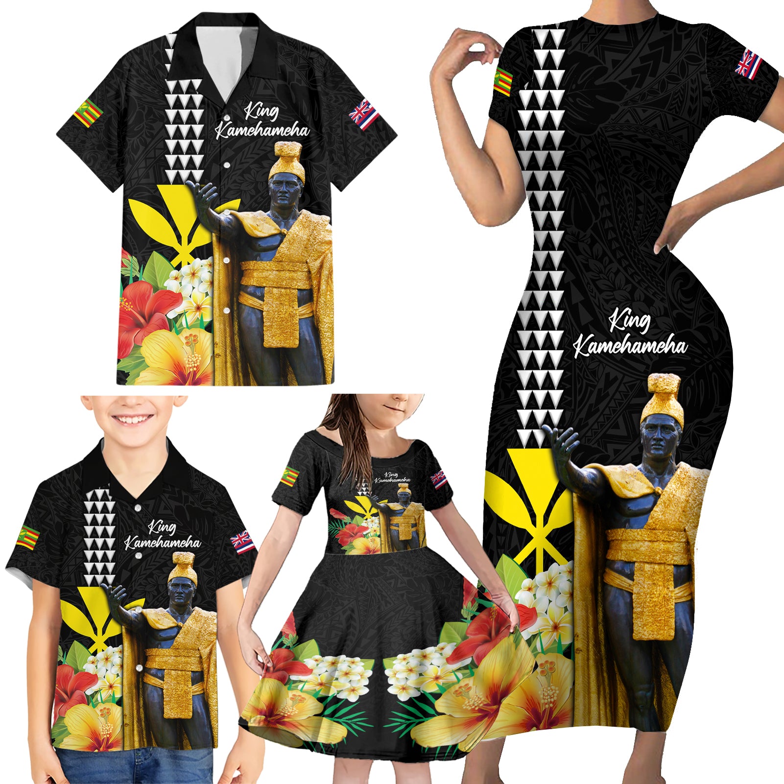 Hawaii King Kamehameha Day Family Matching Short Sleeve Bodycon Dress and Hawaiian Shirt Kanaka Maoli Hibiscus Flower and Kakau Pattern