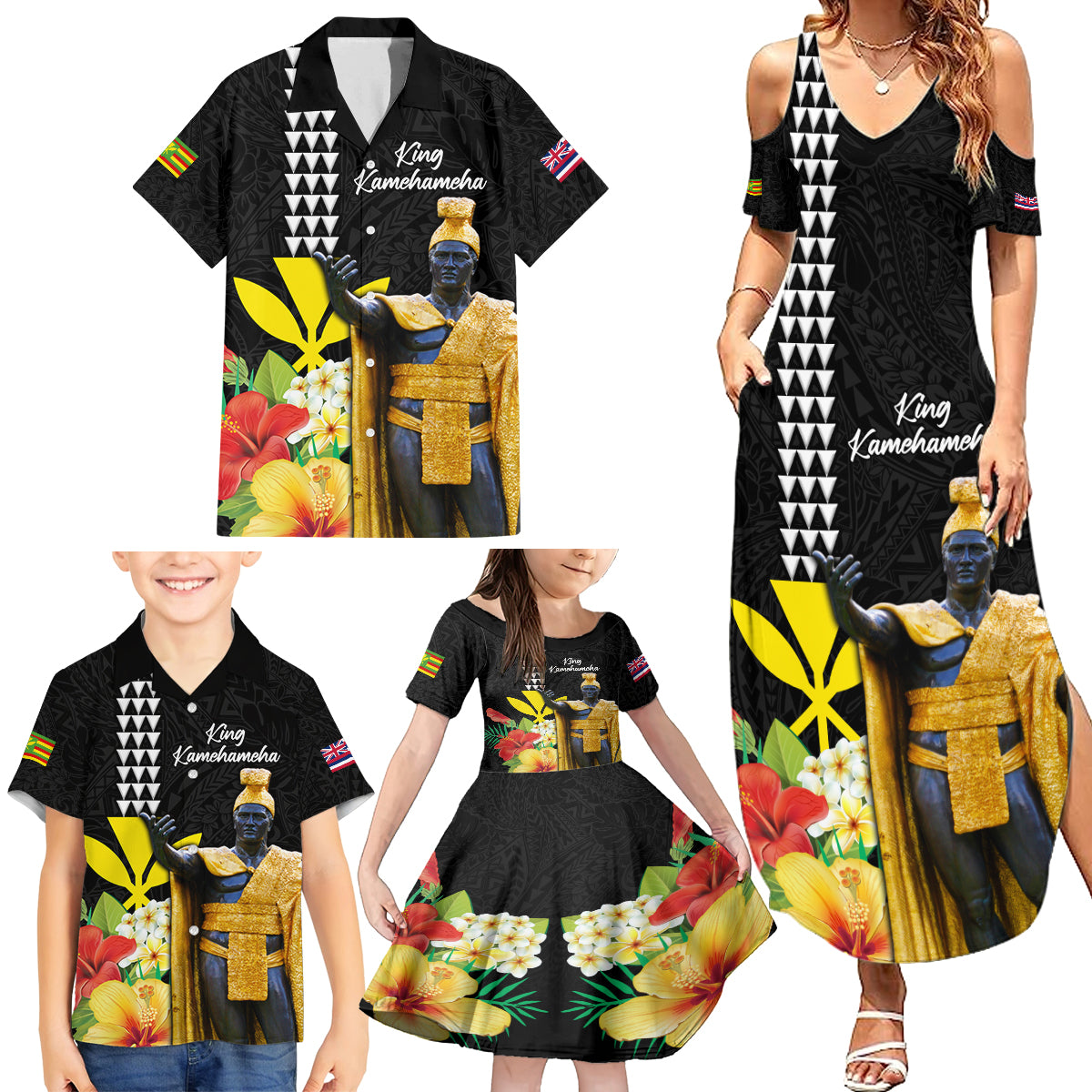Hawaii King Kamehameha Day Family Matching Summer Maxi Dress and Hawaiian Shirt Kanaka Maoli Hibiscus Flower and Kakau Pattern