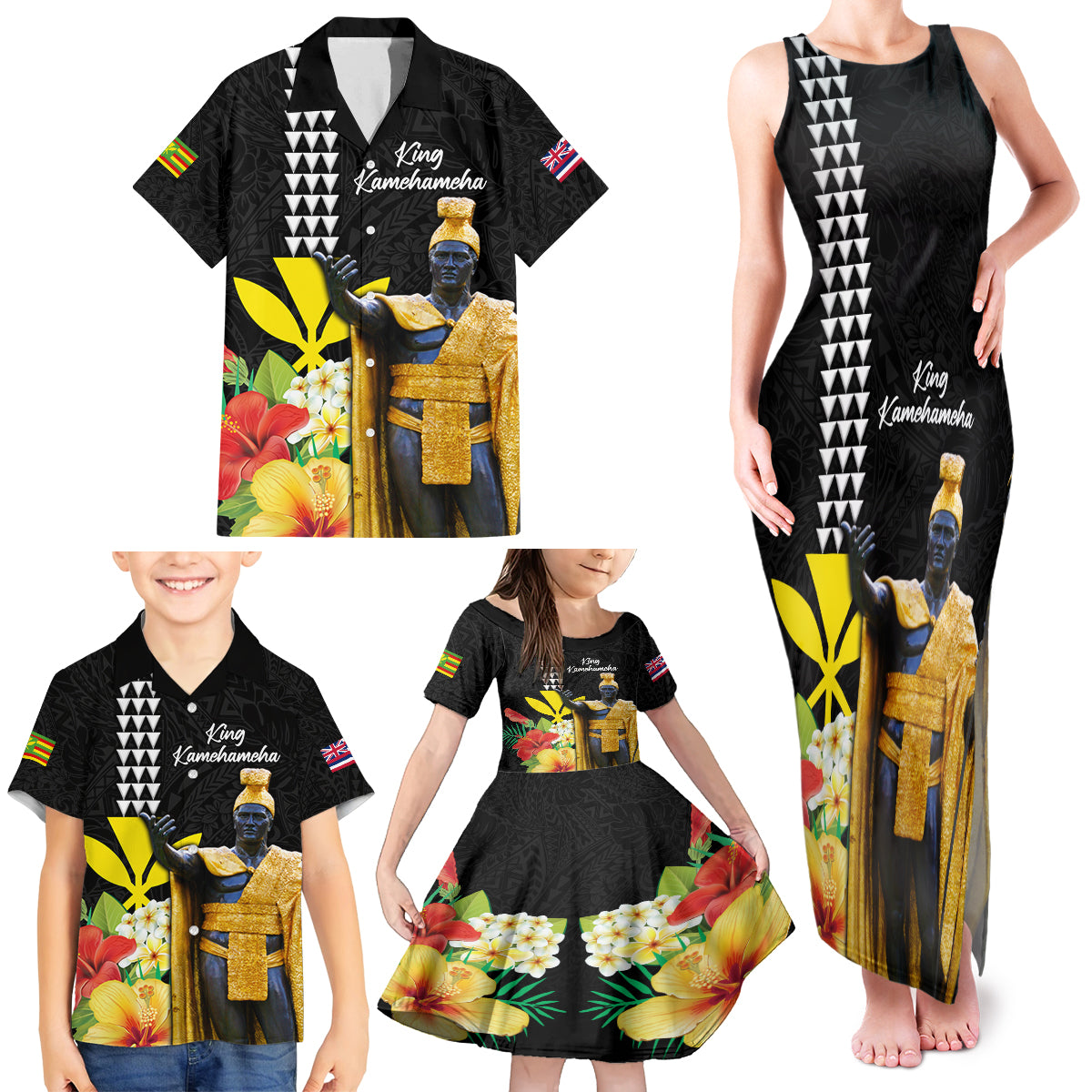 Hawaii King Kamehameha Day Family Matching Tank Maxi Dress and Hawaiian Shirt Kanaka Maoli Hibiscus Flower and Kakau Pattern