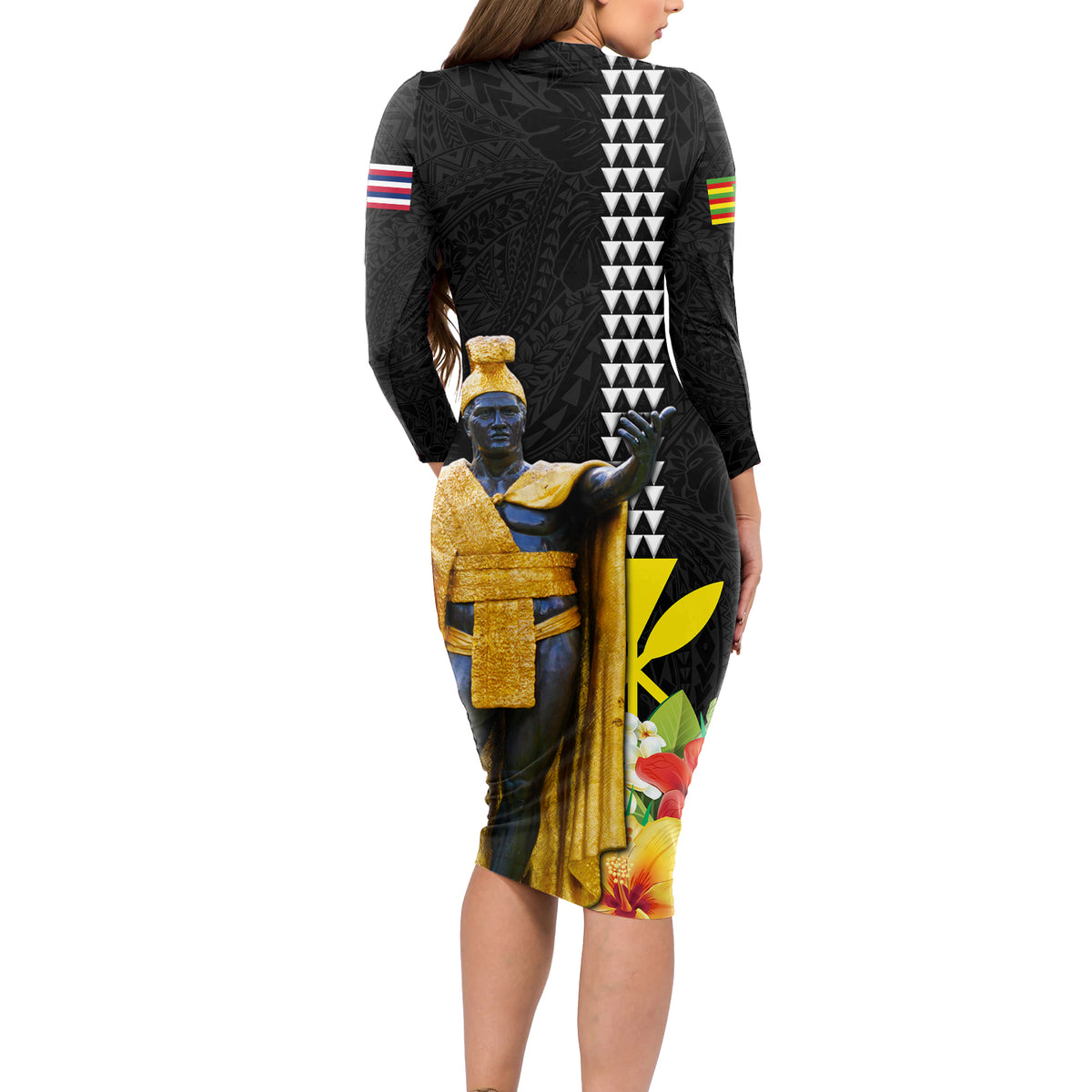 Hawaii King Kamehameha Day Long Sleeve Bodycon Dress Kanaka Maoli Hibiscus Flower and Kakau Pattern
