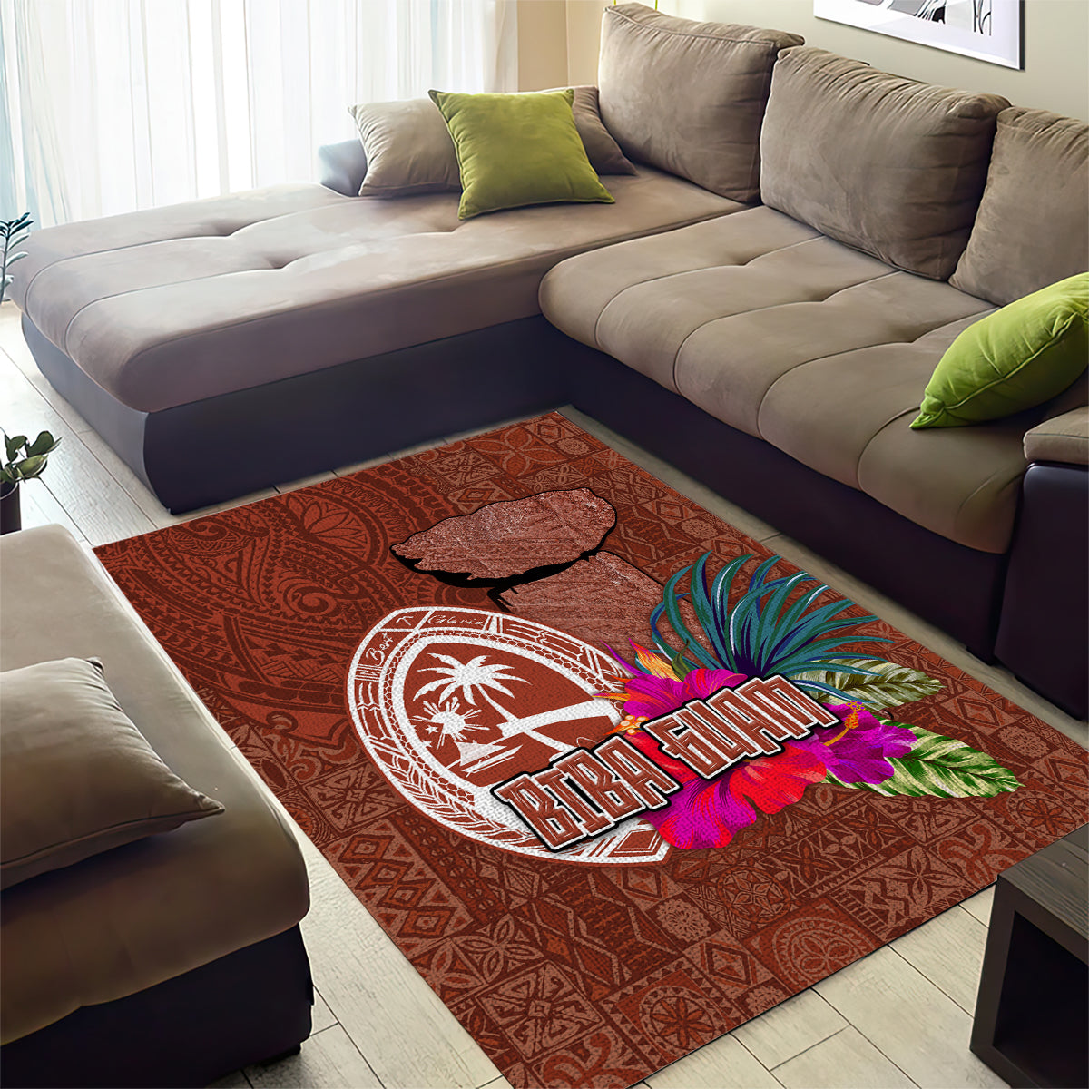 Chamorro Biba Guam Area Rug Latte Stone Tribal and Hibiscus Flower Tapa Pattern