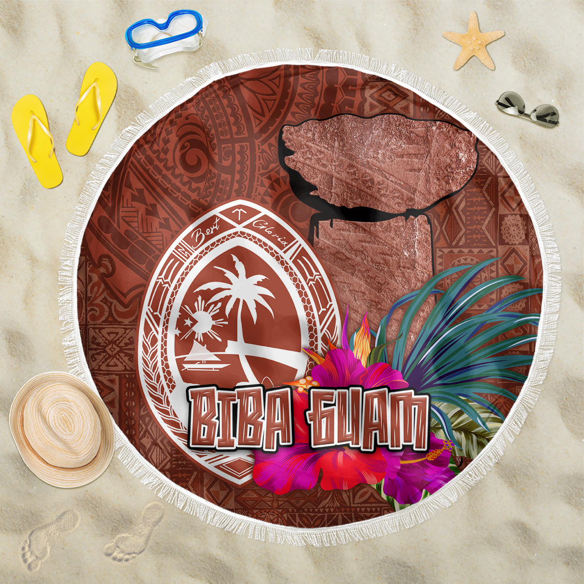 Chamorro Biba Guam Beach Blanket Latte Stone Tribal and Hibiscus Flower Tapa Pattern