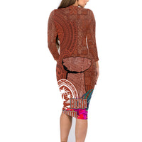 Chamorro Biba Guam Family Matching Long Sleeve Bodycon Dress and Hawaiian Shirt Latte Stone Tribal and Hibiscus Flower Tapa Pattern